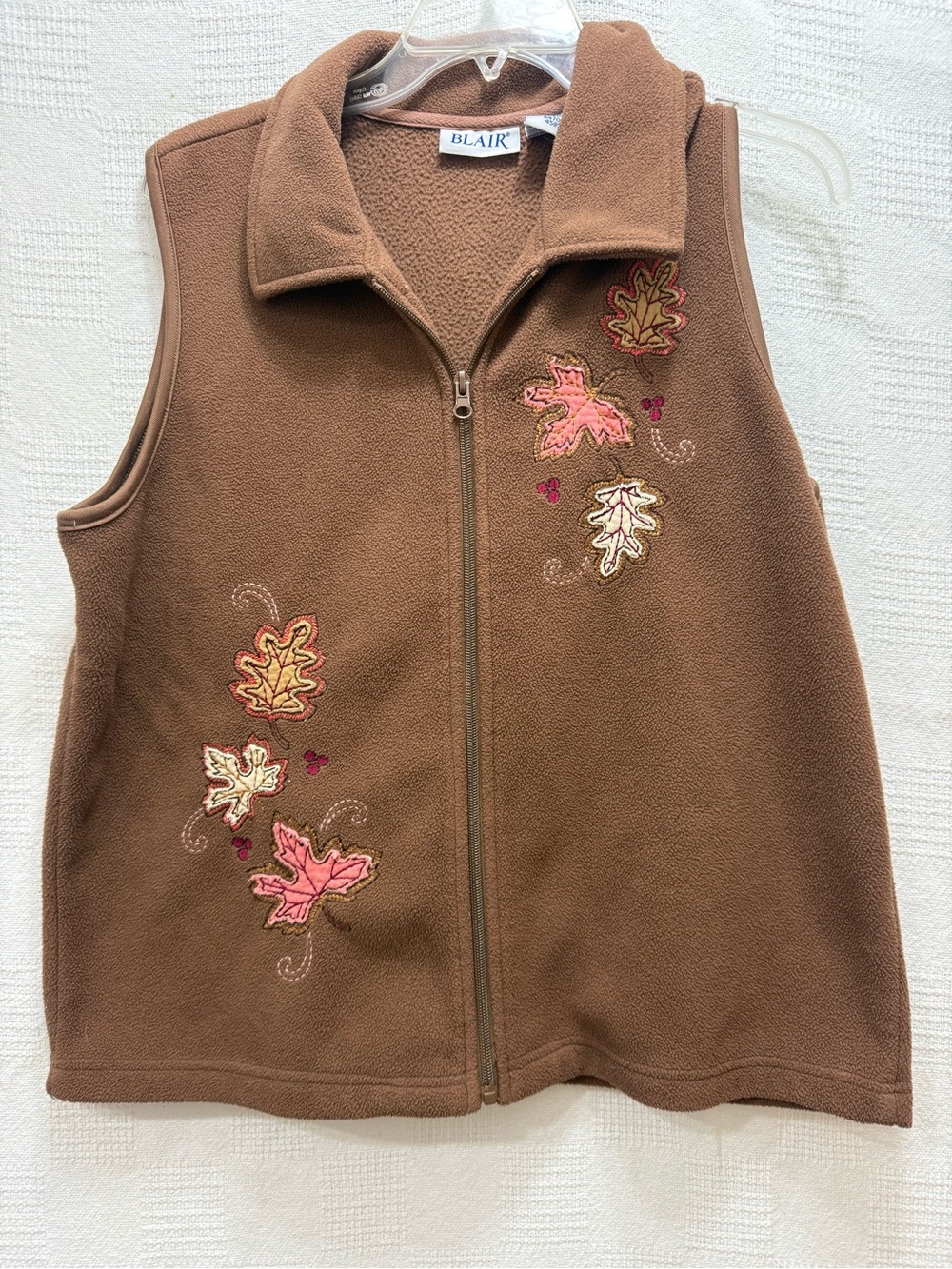 Blair Brown Fleece Vest with Embroidered Autumn Leaves